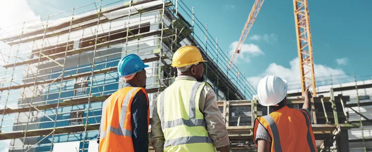 construction workers looking up at a crane